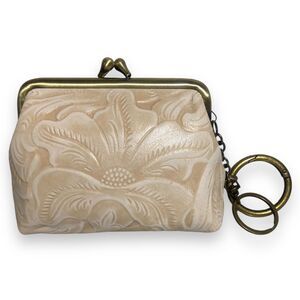 Patricia Nash Borse Beige Embossed Genuine Leather Kiss Lock Coin Wallet Purse